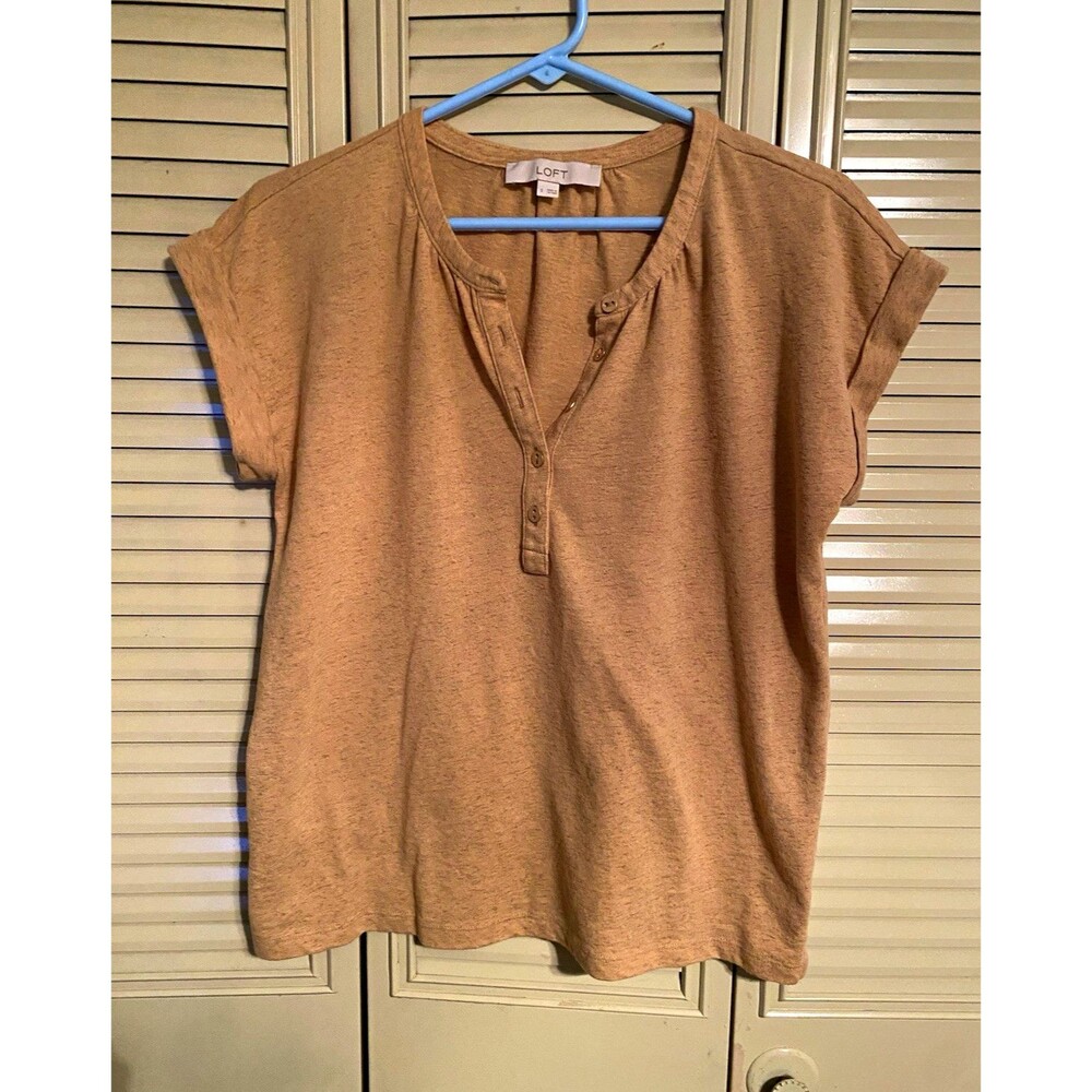LOFT Womens Solid Tan Knit Button Henley Short Sleeve Top Size S